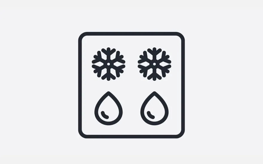 Un carré noir sur fond blanc présente deux flocons de neige et deux gouttes d'eau stylisés.