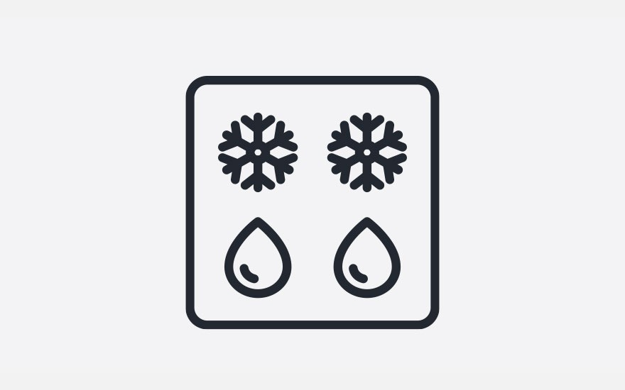 Zwart pictogram op witte achtergrond: sneeuwvlokken en druppels in een vierkant kader.