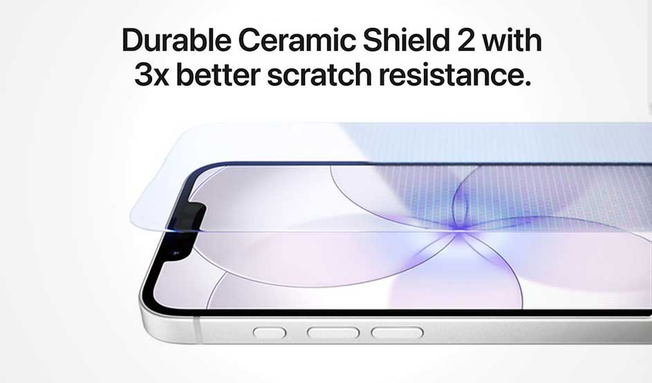 Smartphone with transparent screen protector being applied, showing Ceramic Shield 2 with 3x better scratch resistance.