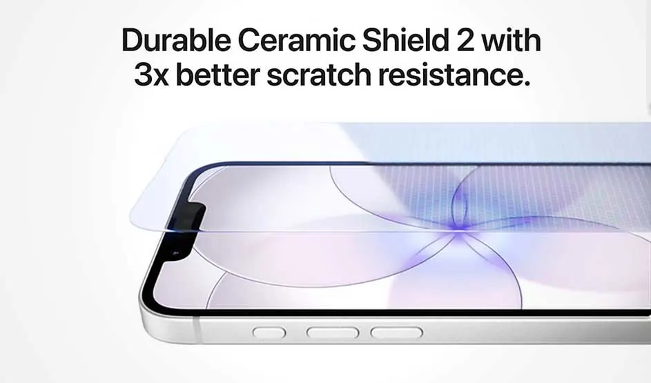 Protecteur d’écran Durable Ceramic Shield 2 avec une résistance aux rayures trois fois meilleure, présenté sur un smartphone aux reflets violets.
