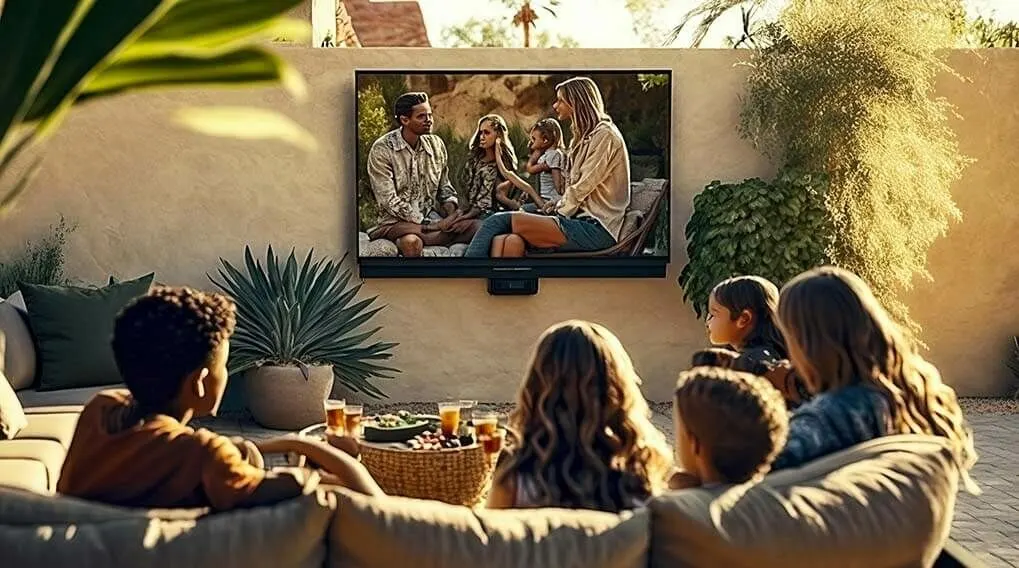 Buiten zitten mensen op een beige bank en kijken naar een tv aan de muur. Er staat een rieten mand met eten op tafel.