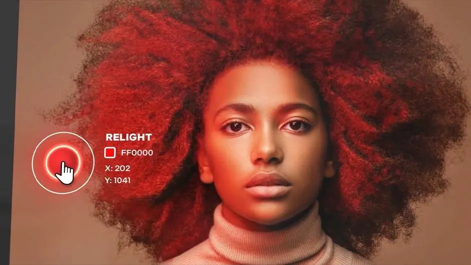 Une image montre une interface avec une option "Relight" et un code couleur rouge FF0000, sur un fond neutre.