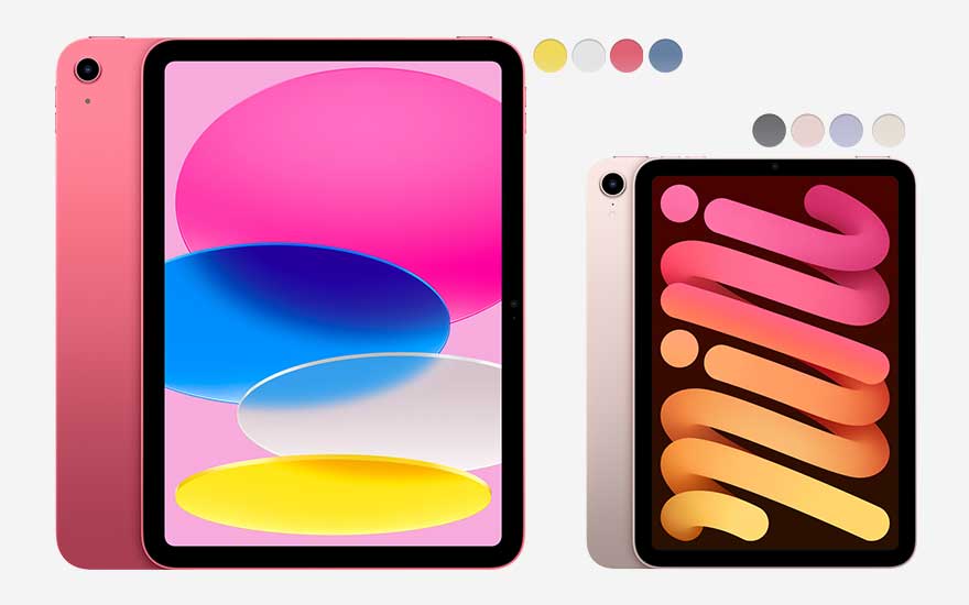 Twee iPads in roze tinten, met abstracte kleurrijke schermen. Kleurenpaletten staan erbij op een witte achtergrond.