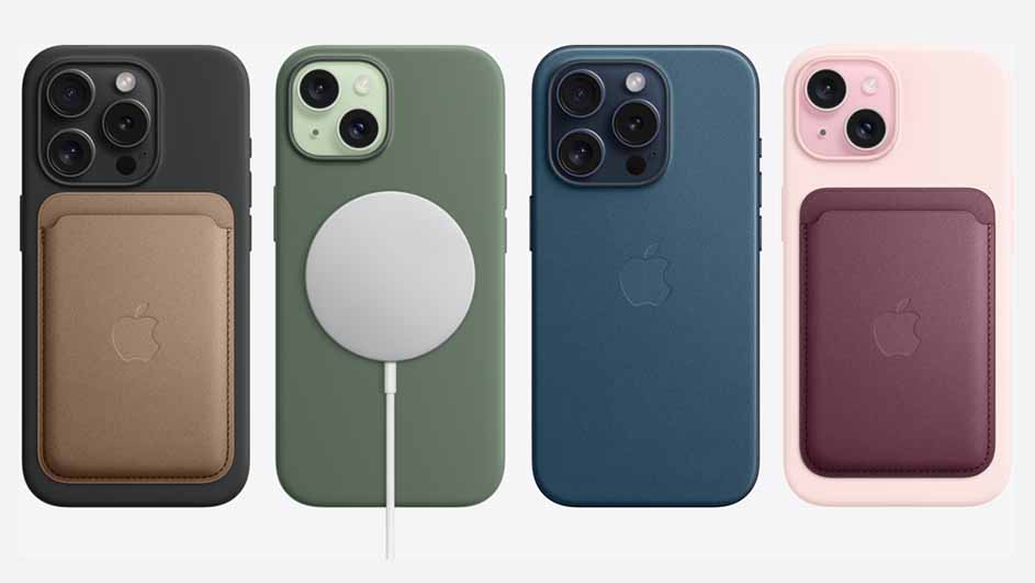 Vier iPhones in beschermhoezen: zwart met bruine kaarthouder, groen met witte oplader, blauw, en roze met bordeauxrode kaarthouder.