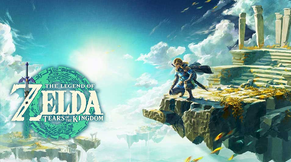 Een game-artwork met het logo "The Legend of Zelda: Tears of the Kingdom" en een blauwe lucht met witte wolken.
