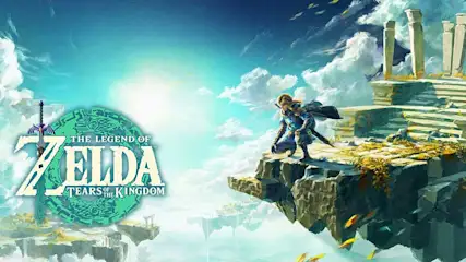 Image du jeu "Zelda: Tears of the Kingdom". Logo Zelda vert à gauche, personnage sur falaise vers ruines en hauteur.