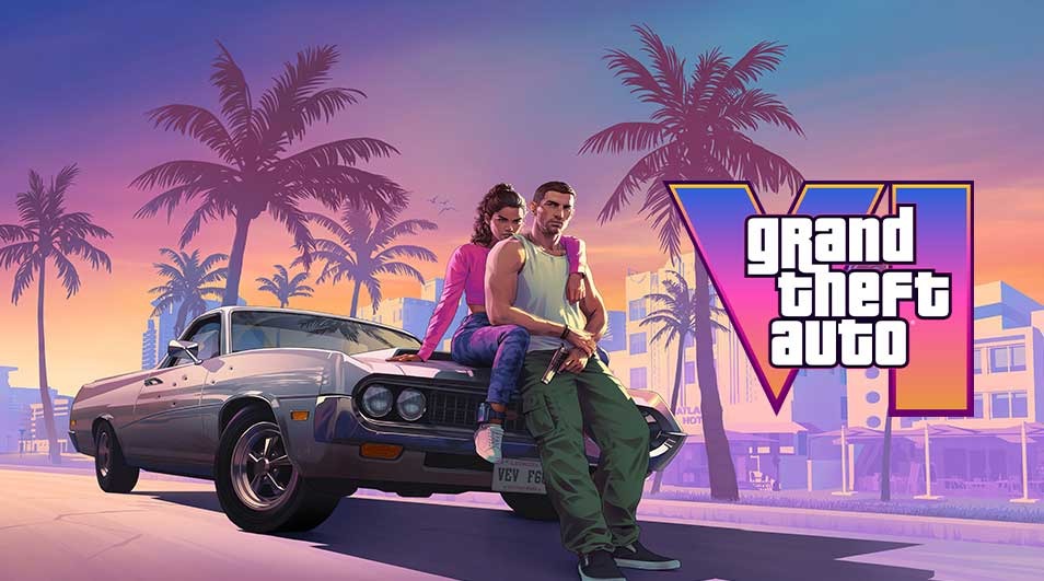 A silver car is parked in front of palm trees, beneath a purple and orange sky. The logo for "Grand Theft Auto" is on the right.