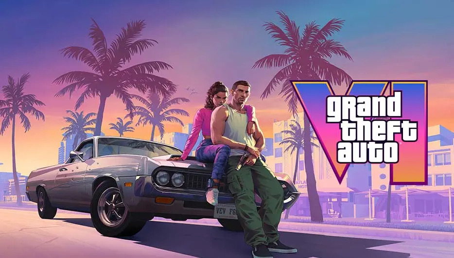 Een grijze auto met palmbomen op de achtergrond, met het logo van Grand Theft Auto VI rechts.