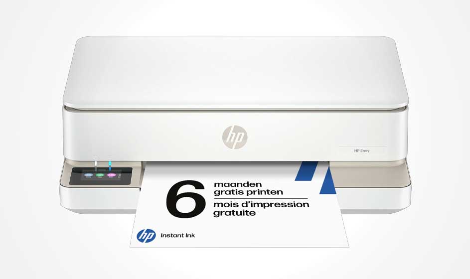 A compact white HP printer stands against a bright background while printing a sheet. The page advertises several months of free printing.