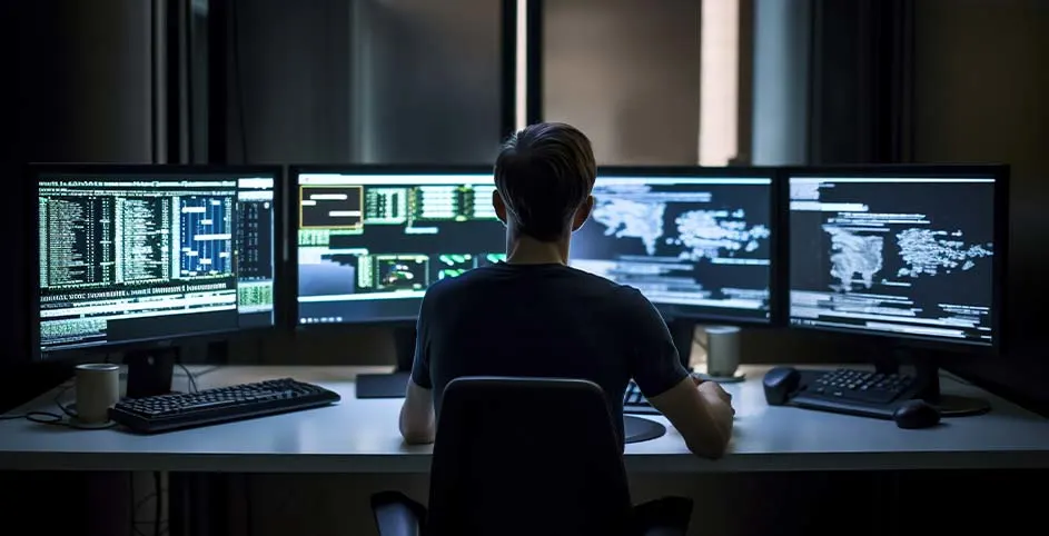 Un bureau avec quatre écrans affichant du code, un clavier et une souris sur une table blanche.
