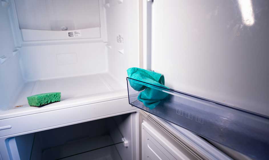 Un réfrigérateur ouvert est nettoyé avec un chiffon turquoise. Une éponge verte et quelques bacs sont visibles à l’intérieur, sur des étagères propres.