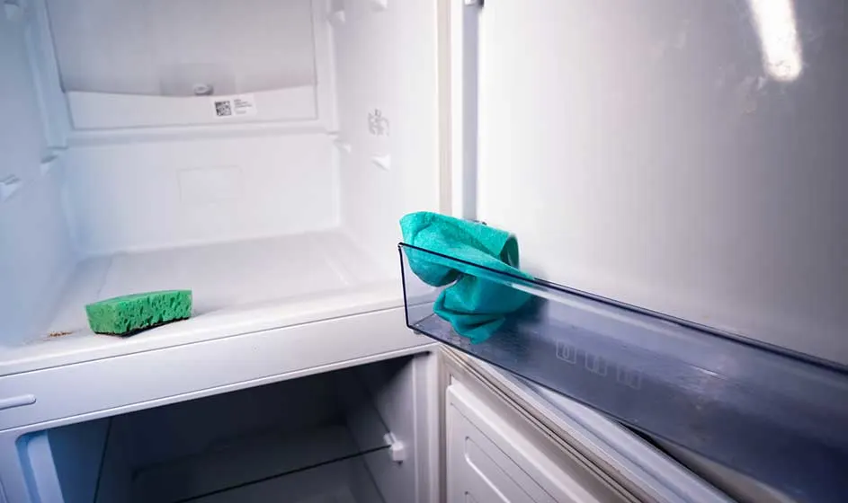 Un réfrigérateur ouvert est nettoyé avec un chiffon turquoise. Une éponge verte et quelques bacs sont visibles à l’intérieur, sur des étagères propres.