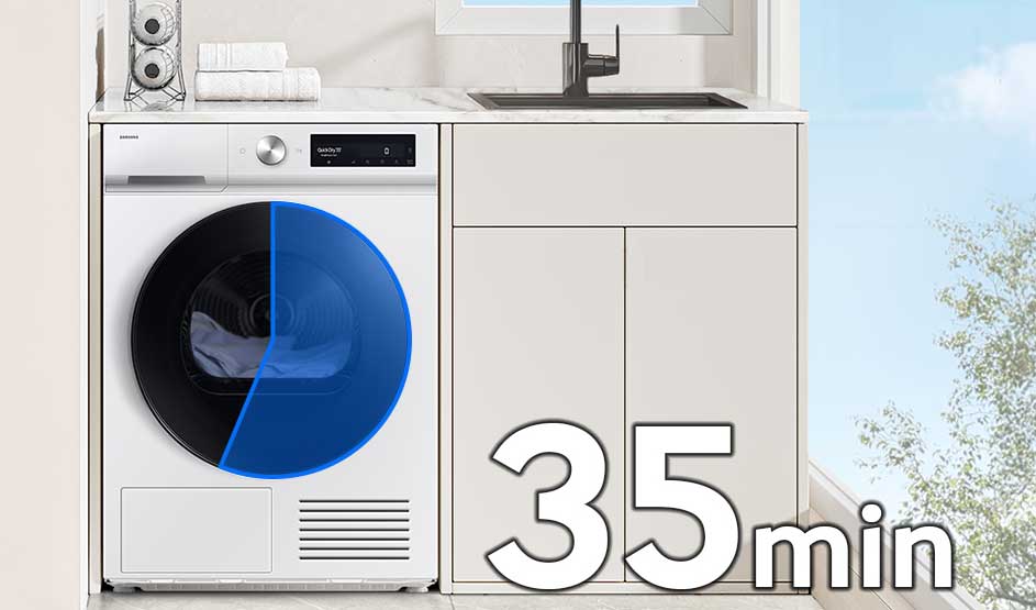 Witte wasmachine onder werkblad naast kast en spoelbak; blauwe cirkel-overlay op deur en grote tekst “35 min”, met raam en lucht buiten.