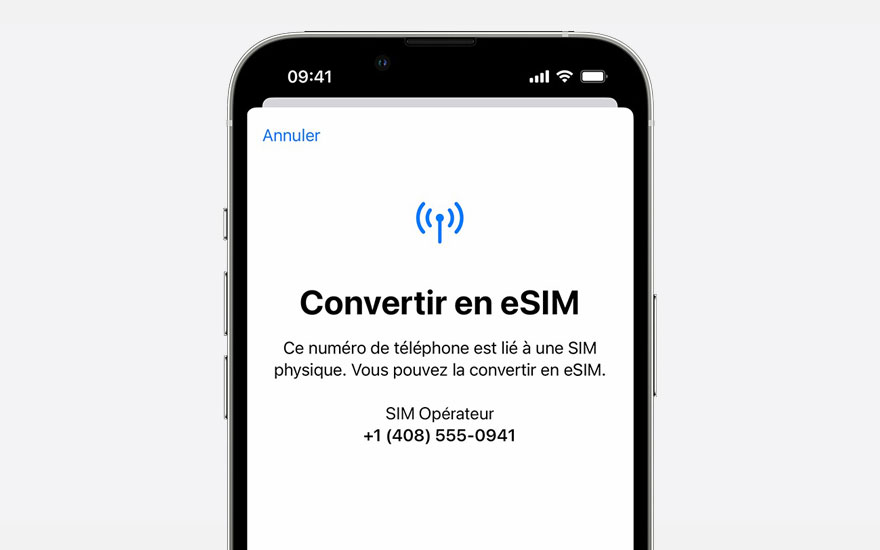 Écran de smartphone affichant "Convertir en eSIM" en français, avec des informations sur la SIM et un numéro de téléphone.