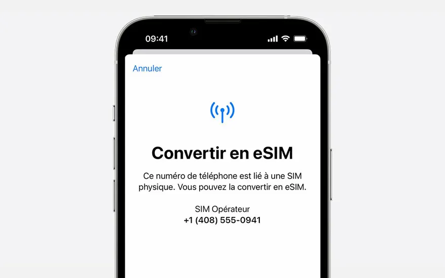 Écran de smartphone affichant "Convertir en eSIM" en français, avec des informations sur la SIM et un numéro de téléphone.