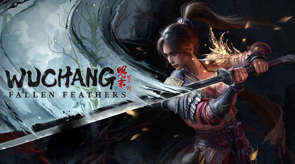 Un guerrier aux cheveux longs brandit une épée dans un décor mystique. Le titre du jeu "Wuchang: Fallen Feathers" est affiché en évidence.