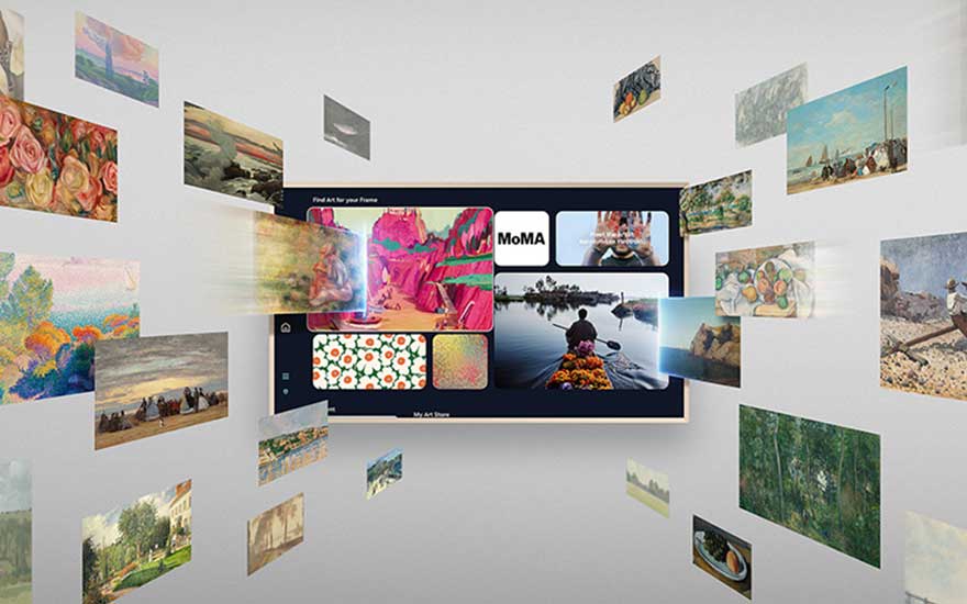 A modern TV displays digital art selections, surrounded by floating paintings, transforming the space into an interactive gallery.