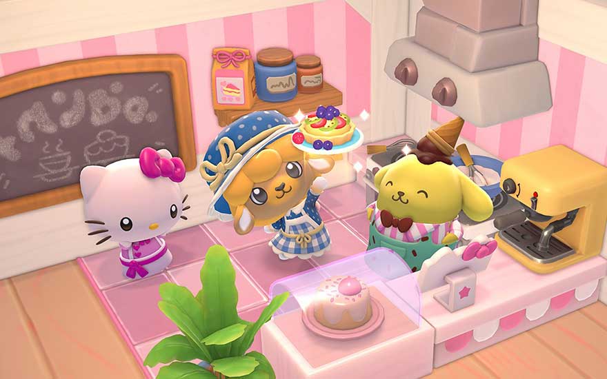 Dans une mignonne cuisine rose, trois personnages Sanrio préparent joyeusement gâteaux et desserts, entourés de bocaux, machine et ardoise.