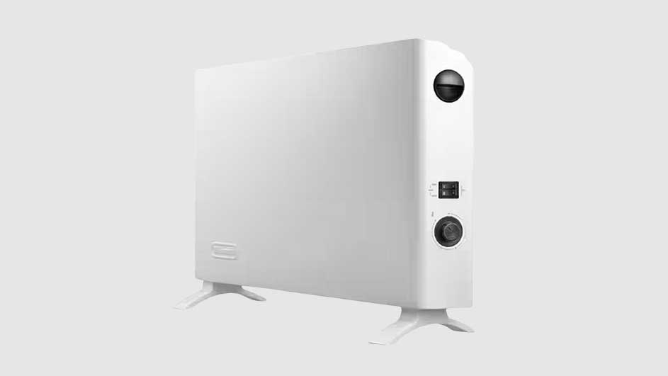 Radiateur blanc avec commandes noires sur fond blanc uni.