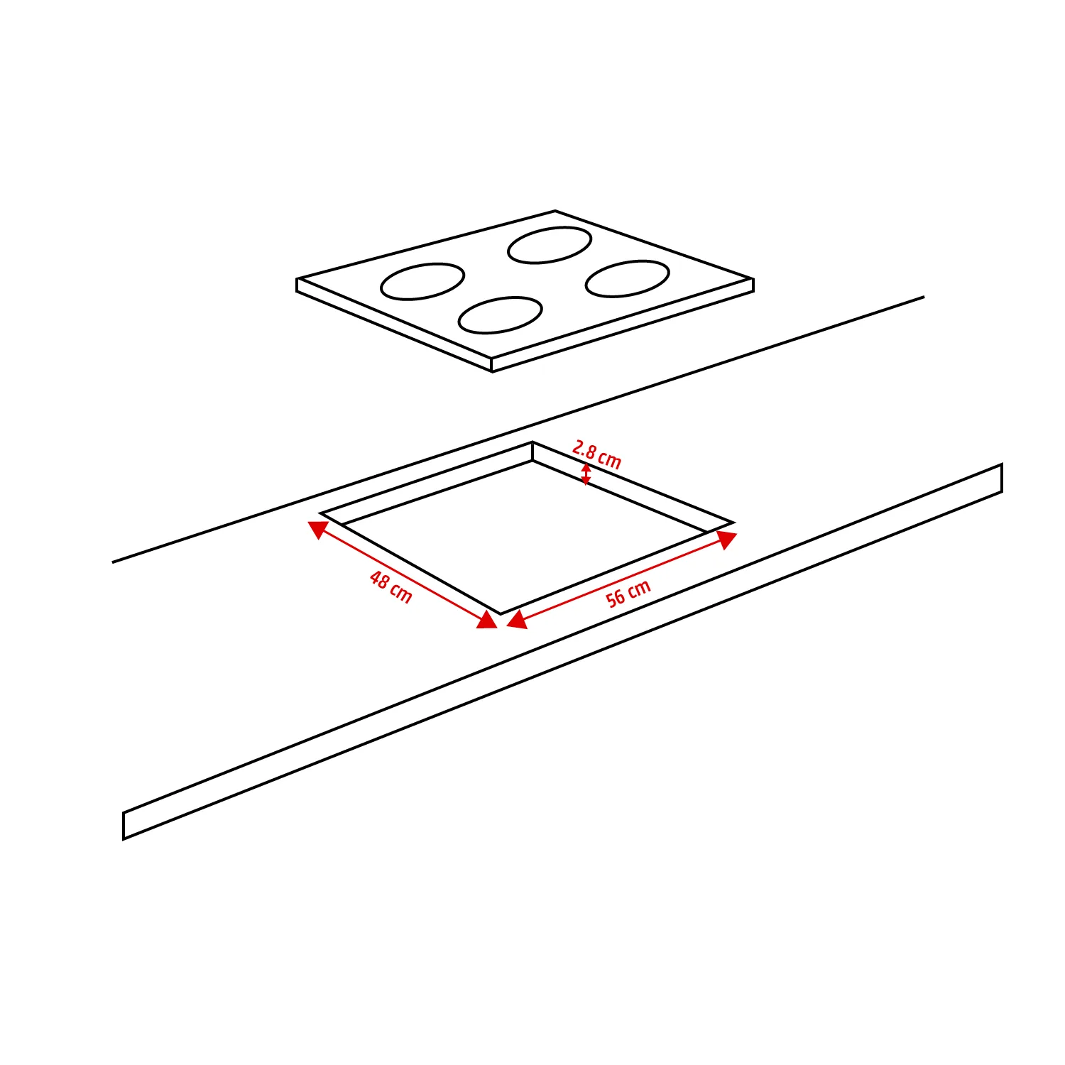 Schéma d’une plaque de cuisson au-dessus d’une découpe dans le plan de travail, avec des dimensions d’encastrement de 48 × 56 cm et une épaisseur de plan de travail de 2,8 cm.