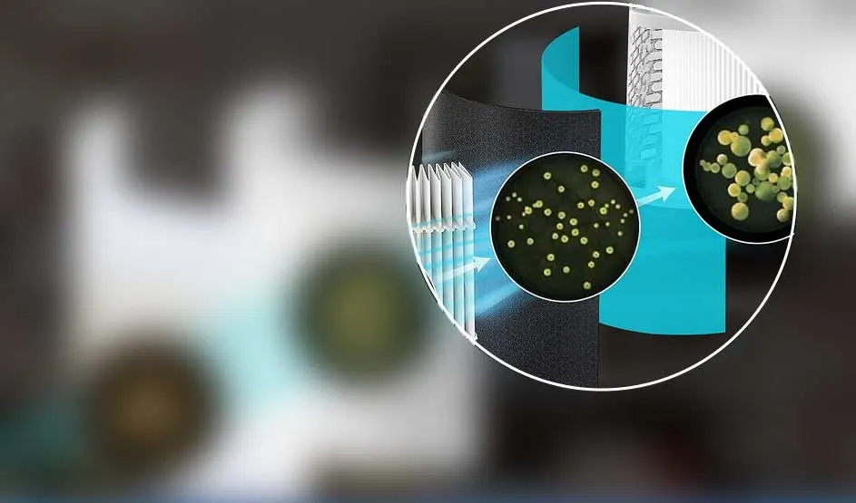A blue airflow moves past several filters; in the zoomed circle many green particles are shown being captured and held inside the material.