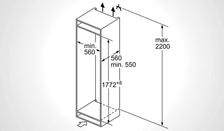 Schematische tekening van een kast met afmetingen. Maximale hoogte 2200, minimale diepte 550-560 en minimale breedte 560.