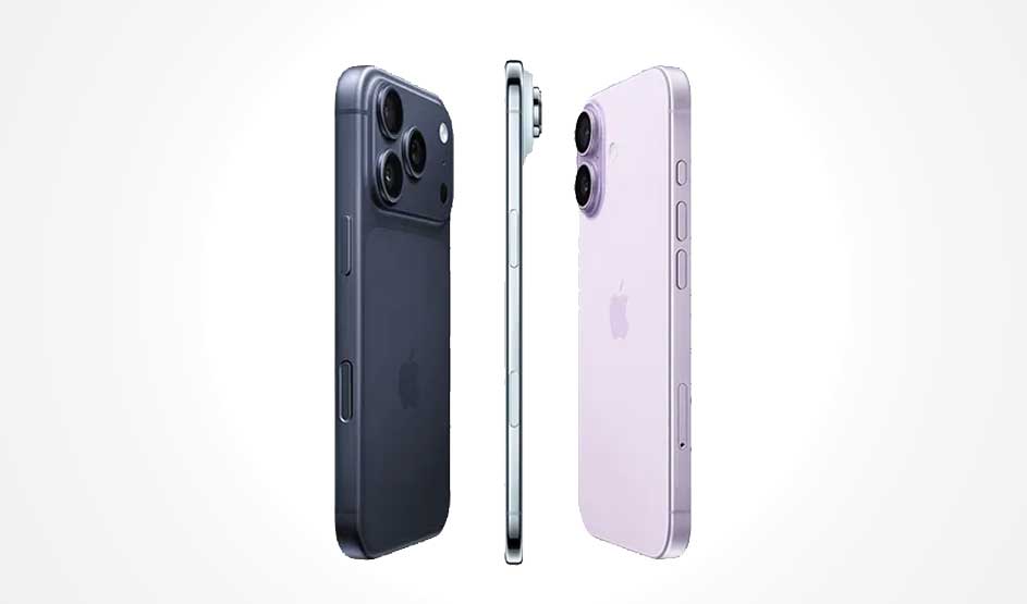 Three iPhone models displayed from different angles: dark blue with triple camera, white side view, and light purple with dual camera.
