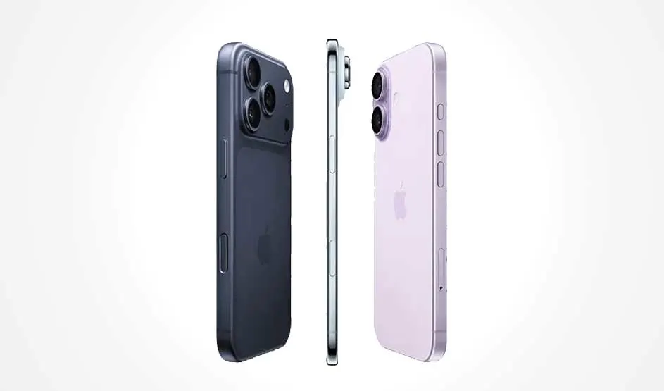Three iPhone models displayed from different angles: dark blue with triple camera, white side view, and light purple with dual camera.