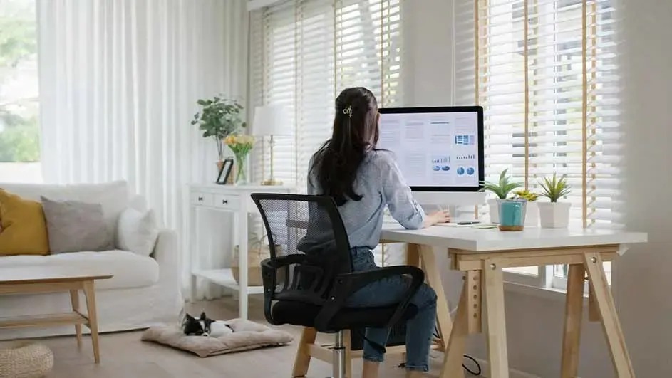 Woman works at a desk with a large monitor in a bright living room, while her cat sleeps peacefully on a floor cushion.