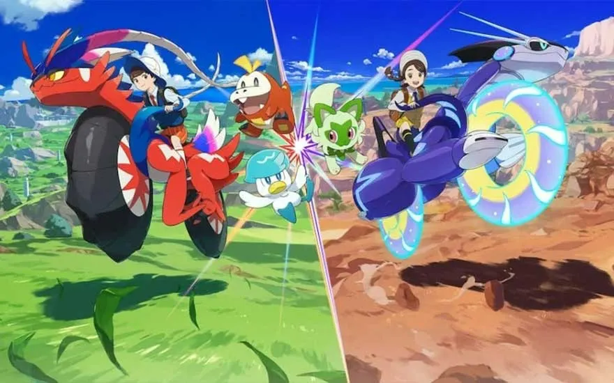 Image divisée montrant des personnages de Pokémon sur des montures futuristes, avec des paysages verdoyants et désertiques.
