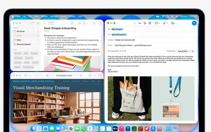 Screen displays several windows – notes, email, onboarding guide and a web portal – all neatly arranged on a bright, tidy desktop.
