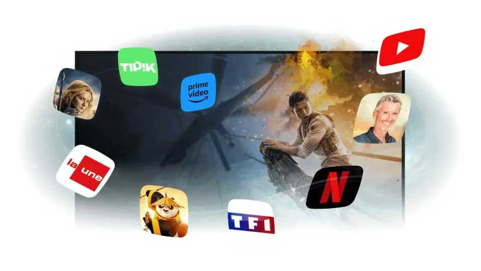 Een zwart scherm toont een actiefilm omringd door app-logo's zoals YouTube, Netflix en Prime Video.