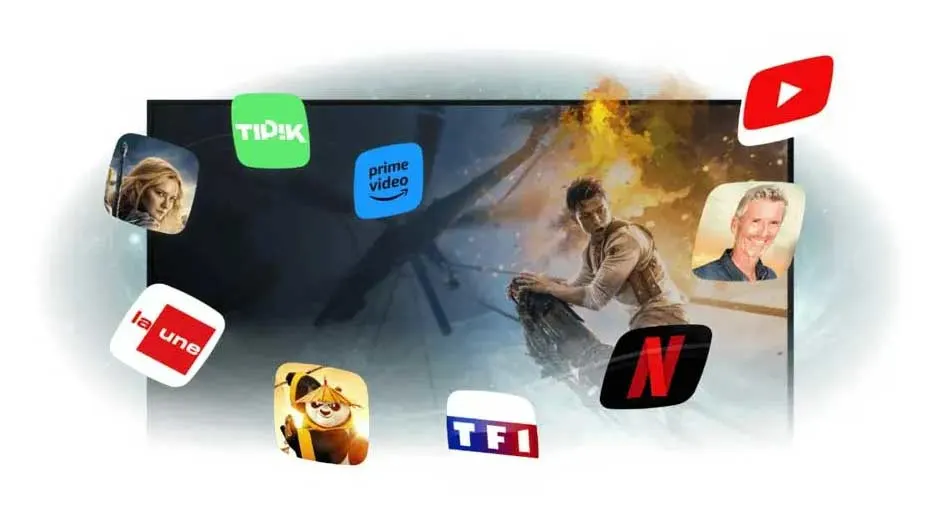 Een zwart scherm toont een actiefilm omringd door app-logo's zoals YouTube, Netflix en Prime Video.