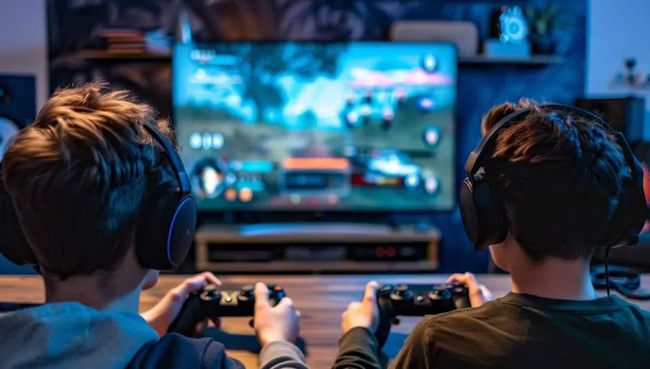 Deux garçons avec des casques jouent intensément aux jeux vidéo sur grand écran dans une pièce confortable.