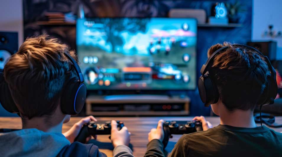 Two boys with headphones play video games together on a big screen in a cosy room, focused and excited.