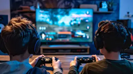 Two boys with headphones play video games together on a big screen in a cosy room, focused and excited.