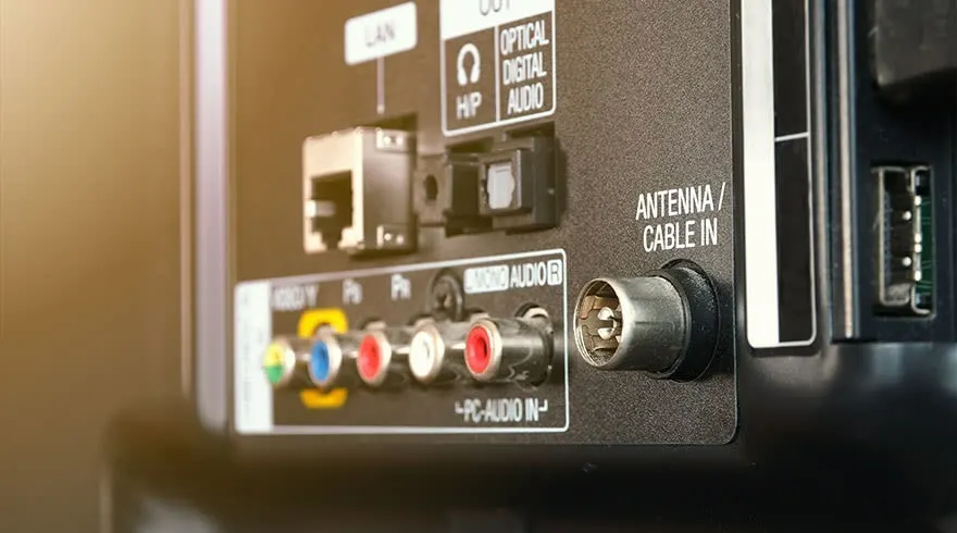 Gros plan sur des ports : LAN, audio numérique, antenne/câble, audio PC, USB, et connecteurs RCA (vert, bleu, rouge).