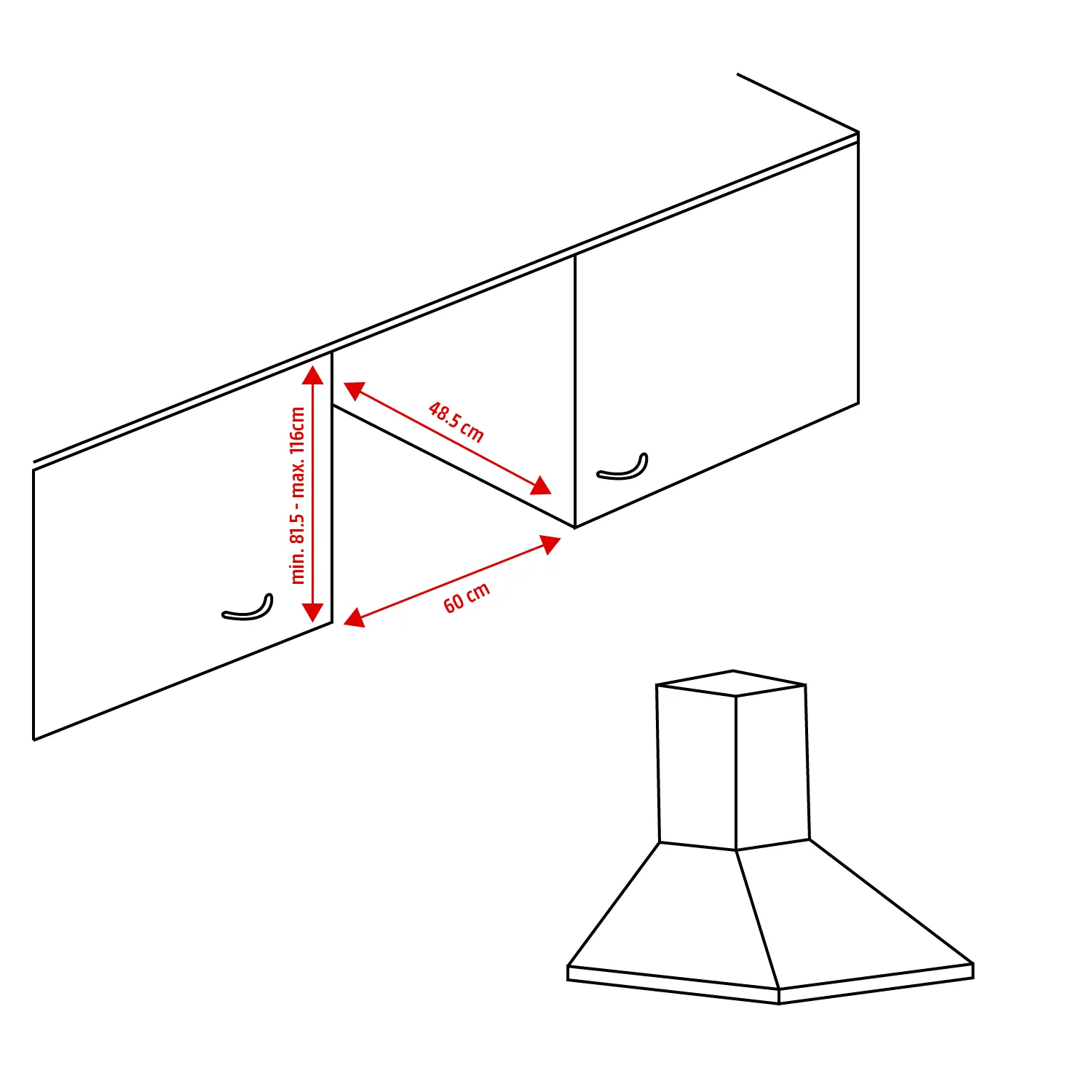 Schéma de meubles hauts et d’une hotte aspirante, indiquant des dimensions d’encastrement de 60 cm de large, 48,5 cm de profondeur et de 81,5 à 116 cm de hauteur.