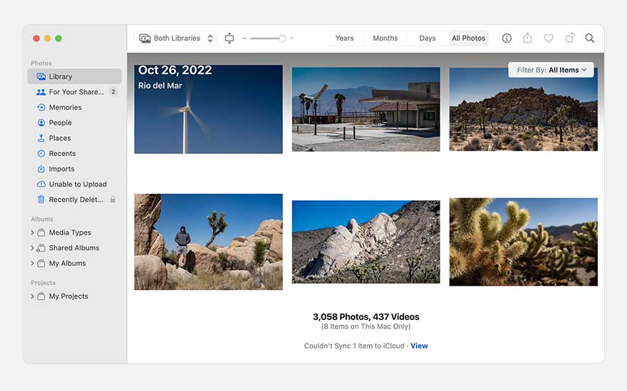Foto-app overzicht: Bibliotheek met foto's van Rio del Mar, woestijnlandschappen, windmolen en cactussen. Datum: 26 oktober 2022.