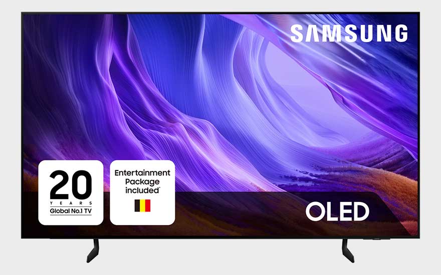 Téléviseur Samsung OLED avec fond abstrait violet, labels vingt ans Global No.1 TV et forfait divertissement inclus.