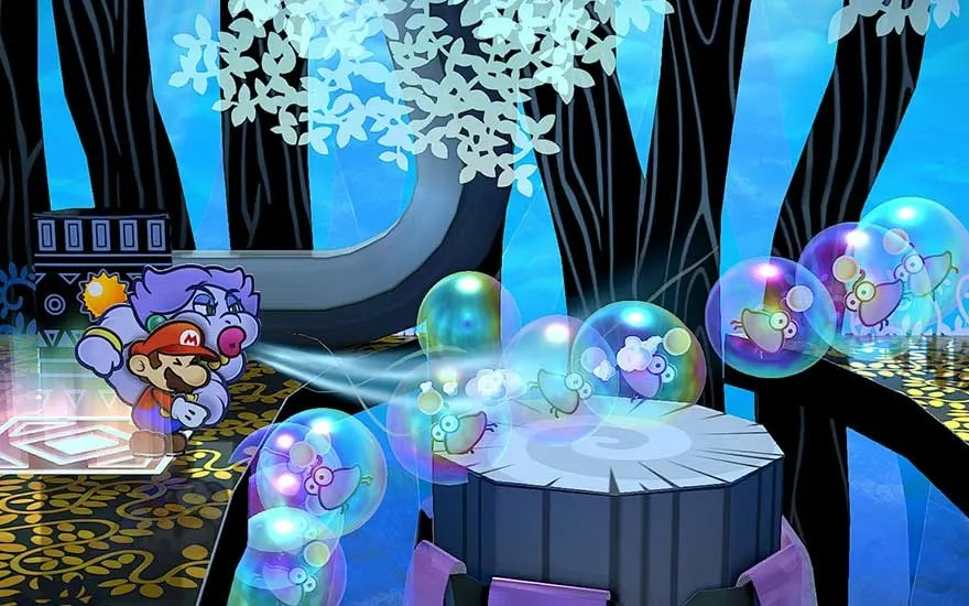 In a blue-toned scene, bubbles with bird images float near a gray platform. Floral patterns adorn the floor. Trees stand in the background.
