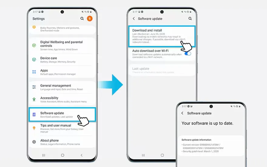 Trois smartphones affichent une mise à jour logicielle. Une flèche bleue indique la progression de la mise à jour.