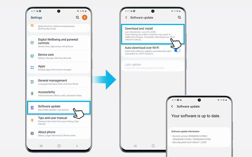 Een schermafbeelding toont een software-update op een witte smartphone met een blauwe pijl die de stappen aangeeft.