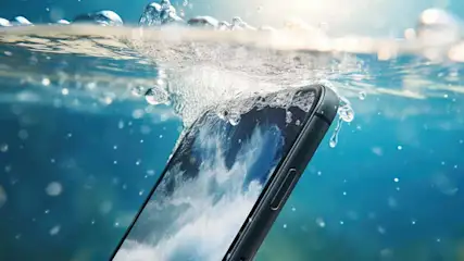 Un smartphone noir partiellement immergé dans l'eau bleue claire, créant des éclaboussures et des bulles.