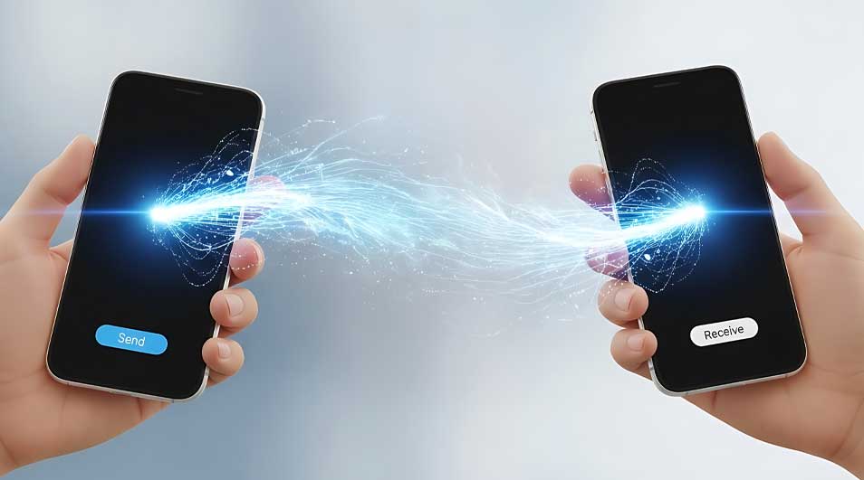 Two smartphones face each other as a bright data beam connects them, showing clear on screen buttons labelled ‘Send’ and ‘Receive’.