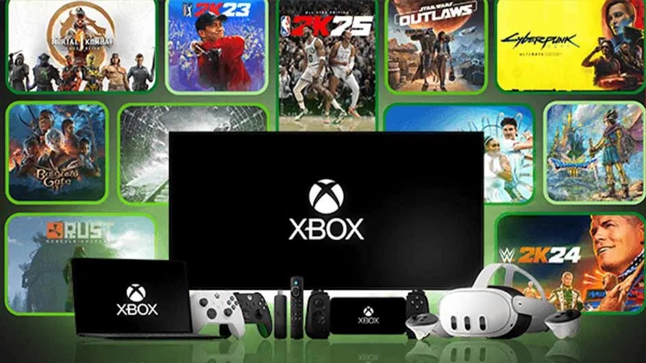 Un écran Xbox noir montre le logo Xbox. Des jeux vidéo, une manette, un ordinateur portable et un casque VR sont également présents.