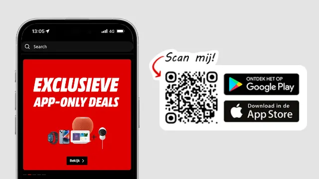 Een smartphone toont "Exclusieve App-Only Deals" op een rood scherm met productafbeeldingen. Naast een QR-code en app-store logo's.