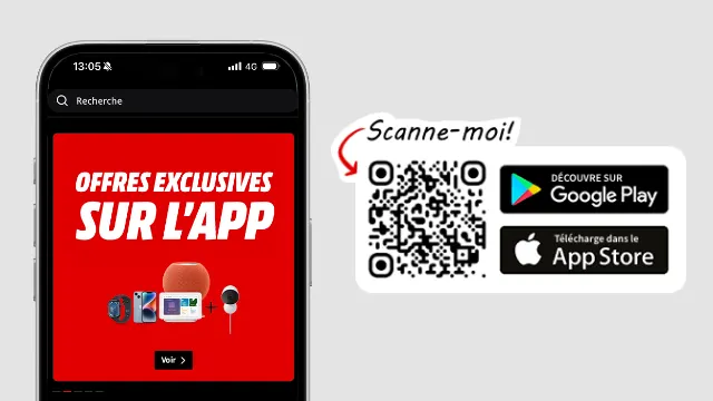Smartphone affichant une offre exclusive sur l'application, avec un QR code et les logos Google Play et App Store.