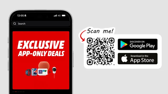 A phone displays "Exclusive App-Only Deals" on a red screen, beside a QR code with Google Play and App Store logos.