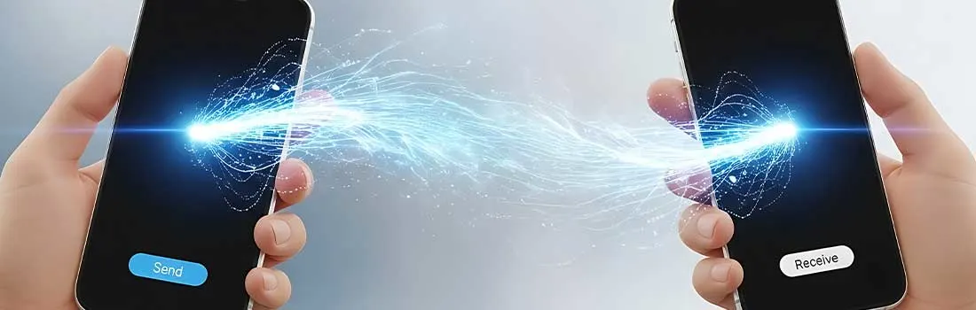 Twee smartphones worden tegenover elkaar gehouden terwijl een lichtstraal gegevens overdraagt, met duidelijke knoppen ‘Send’ en ‘Receive’.